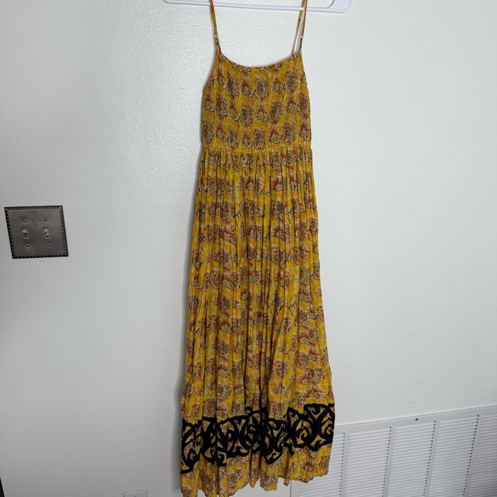 Free People Mustard Yellow Floral Maxi Dress with Black Trim